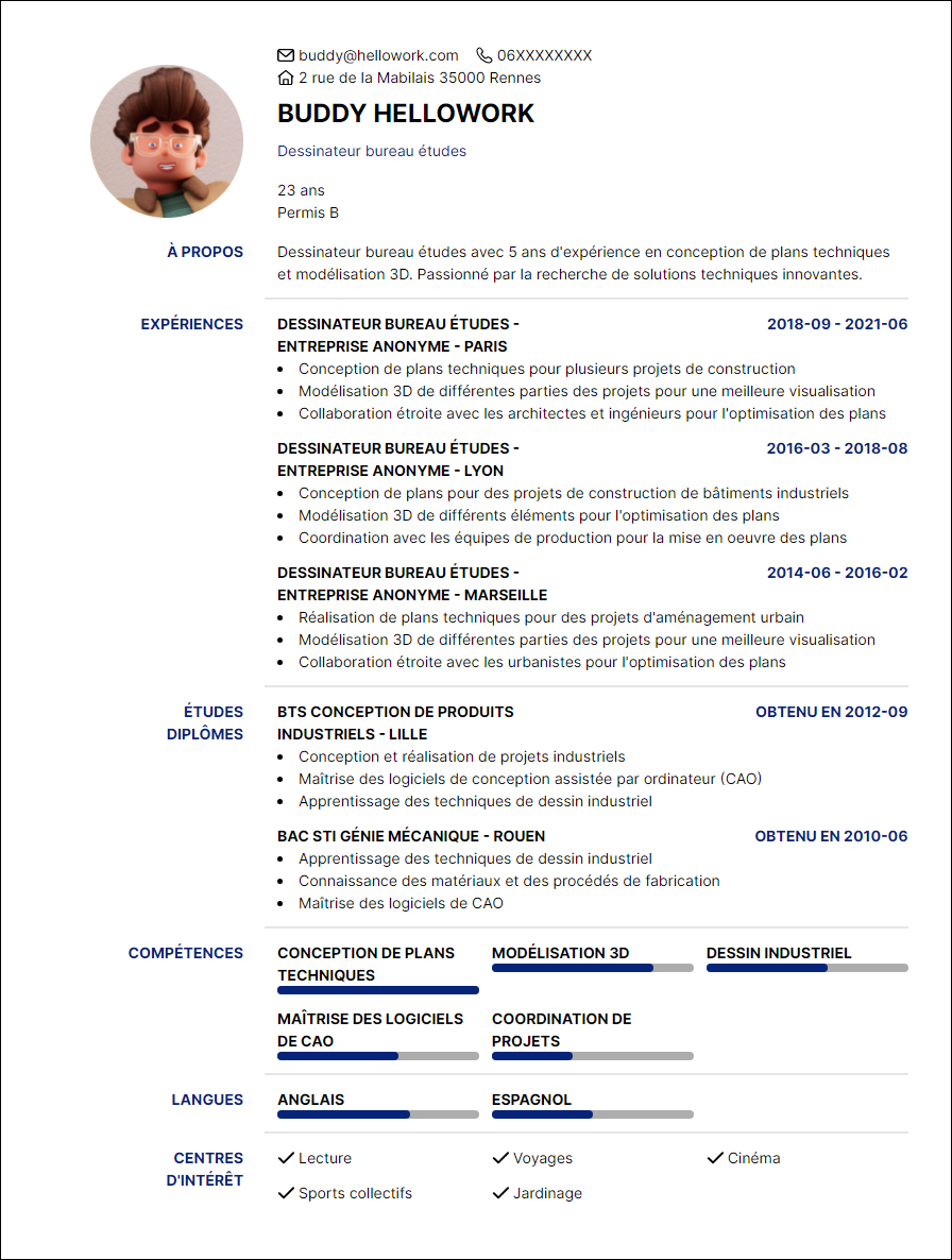 Modèle CV Dessinateur bureau études Exemple CV Dessinateur bureau études