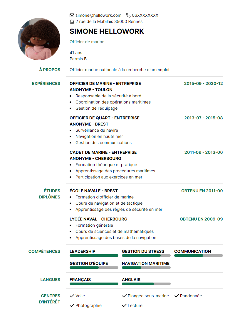 Modèle CV Officier marine nationale Exemple CV Officier marine nationale