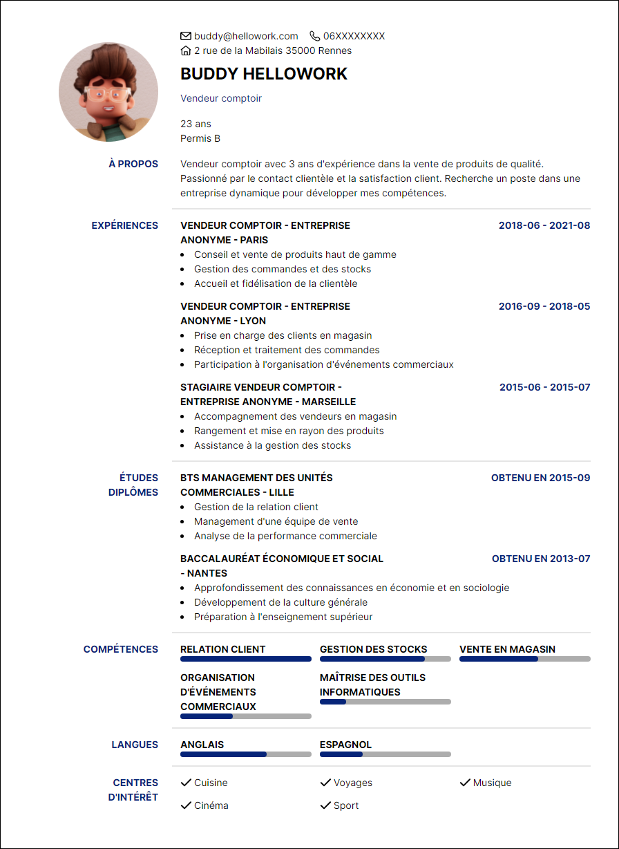 Modèle CV Vendeur comptoir Exemple CV Vendeur comptoir