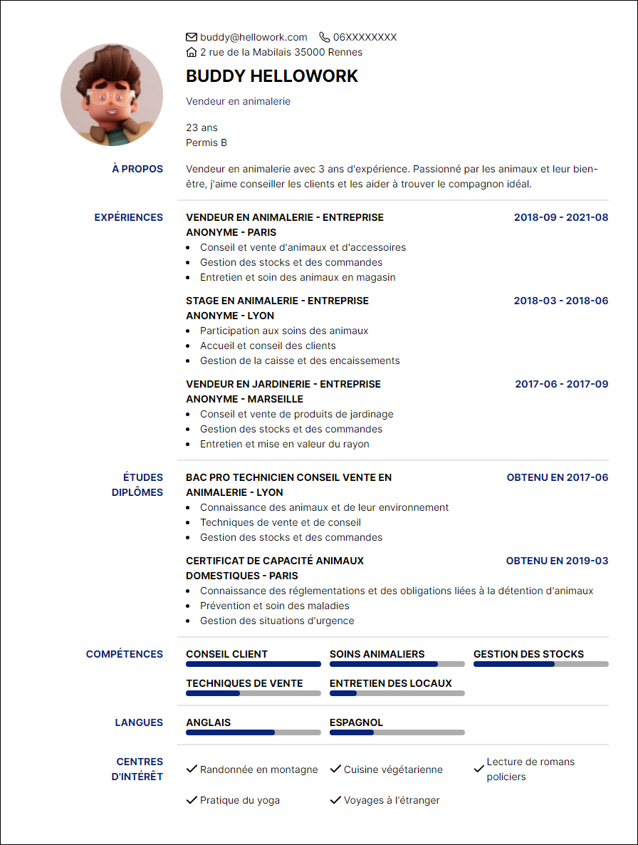 Modèle CV Vendeur animalerie Exemple CV Vendeur animalerie