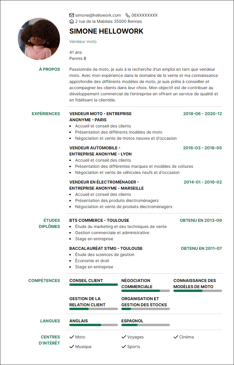 Modèle CV Vendeur moto Exemple CV Vendeur moto