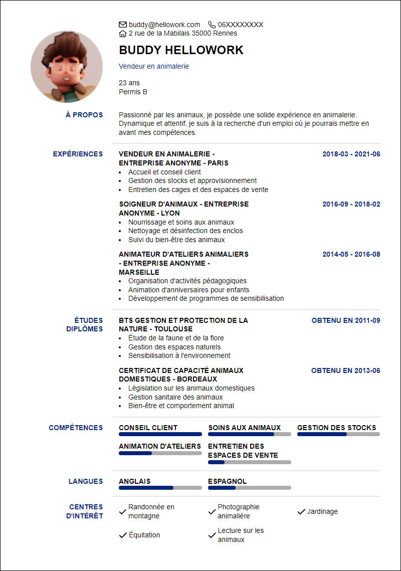 Modèle CV Animalerie Exemple CV Animalerie