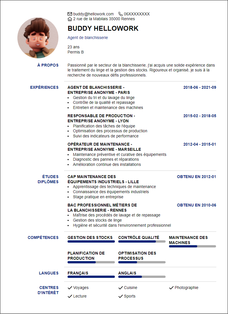 Exemple CV Blanchisserie