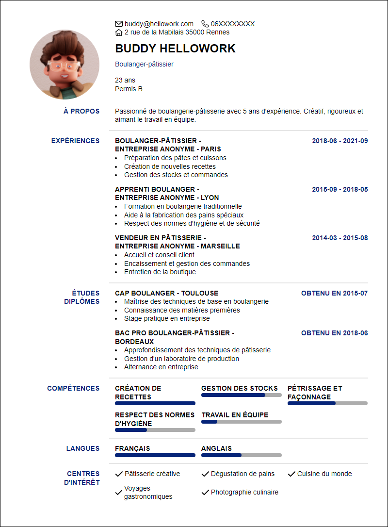 Modèle CV Boulangerie patisserie Exemple CV Boulangerie patisserie