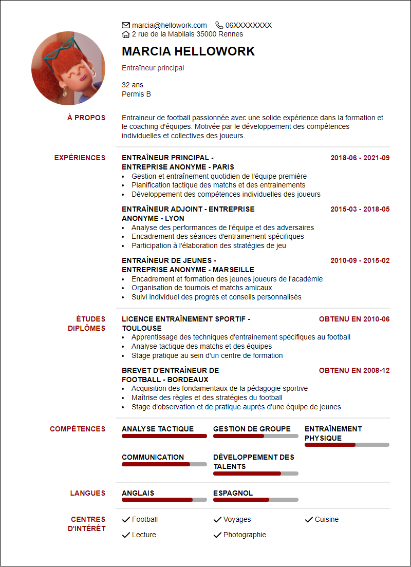 Modèle CV Entraineur Football Exemple CV Entraineur Football