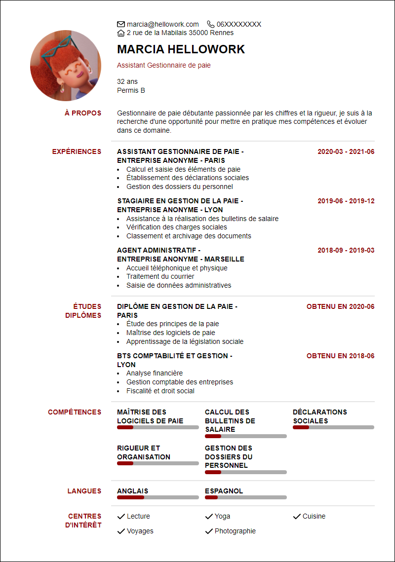 Exemple CV Gestionnaire de paie débutant