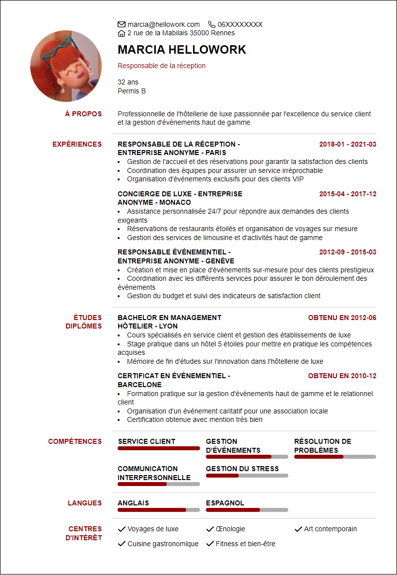Modèle CV Hotellerie de luxe Exemple CV Hotellerie de luxe