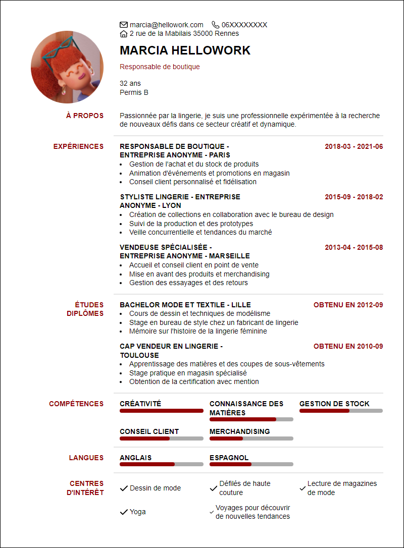 Modèle CV Lingerie Exemple CV Lingerie