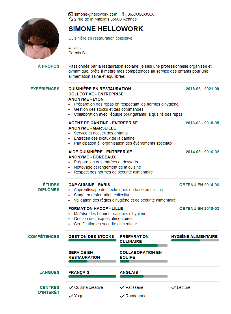 Modèle CV Restaurant Scolaire Exemple CV Restaurant Scolaire