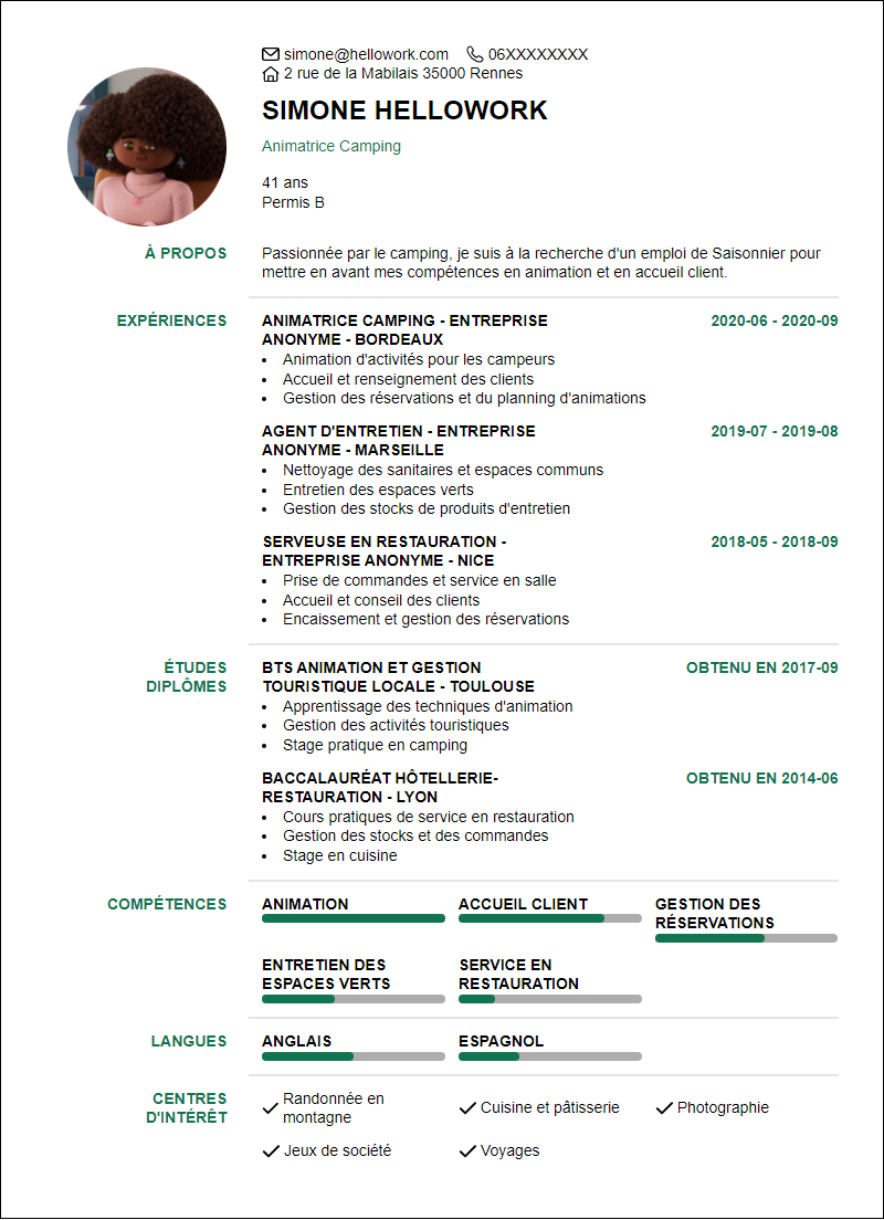 Modèle CV Saisonnier camping Exemple CV Saisonnier camping