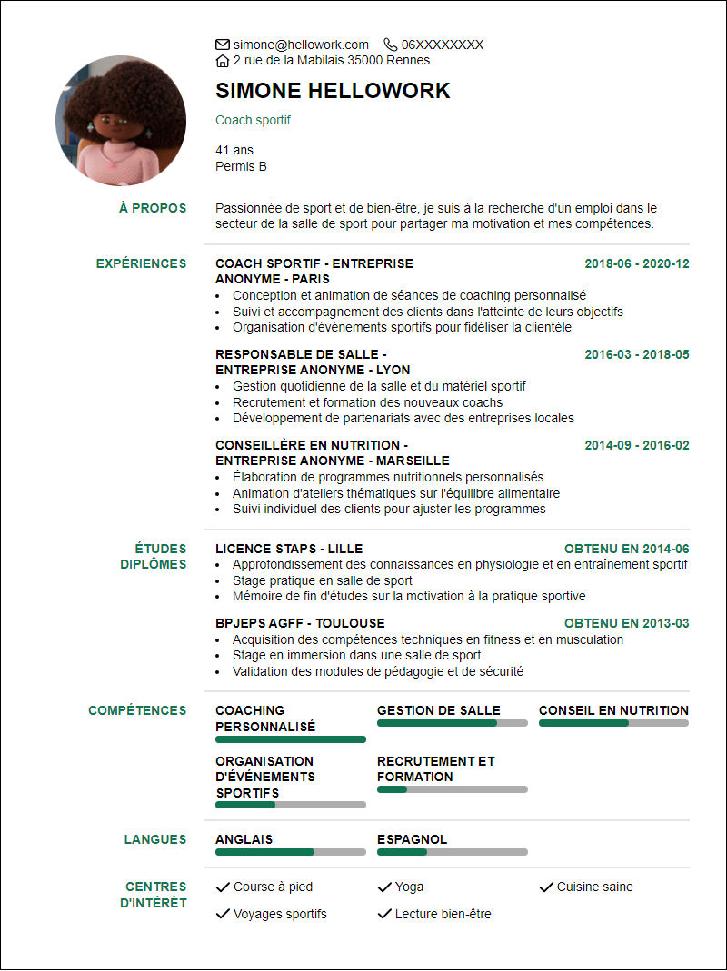 Modèle CV Salle de sport Exemple CV Salle de sport