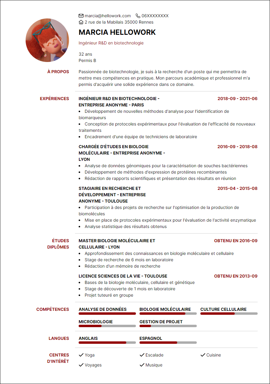 Modèle CV Biotechnologie Exemple CV Biotechnologie