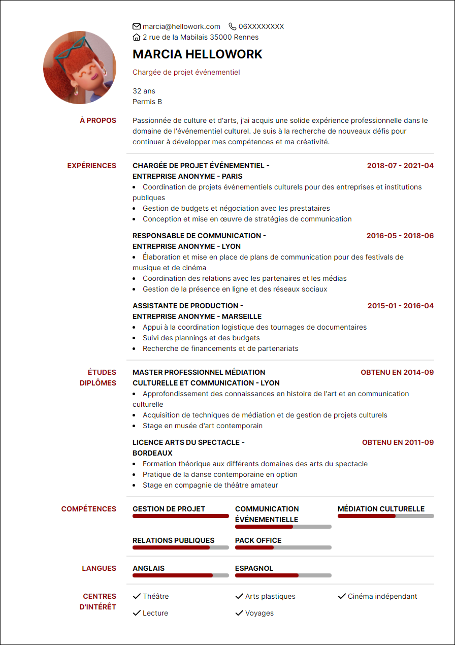 Modèle CV Culture Exemple CV Culture