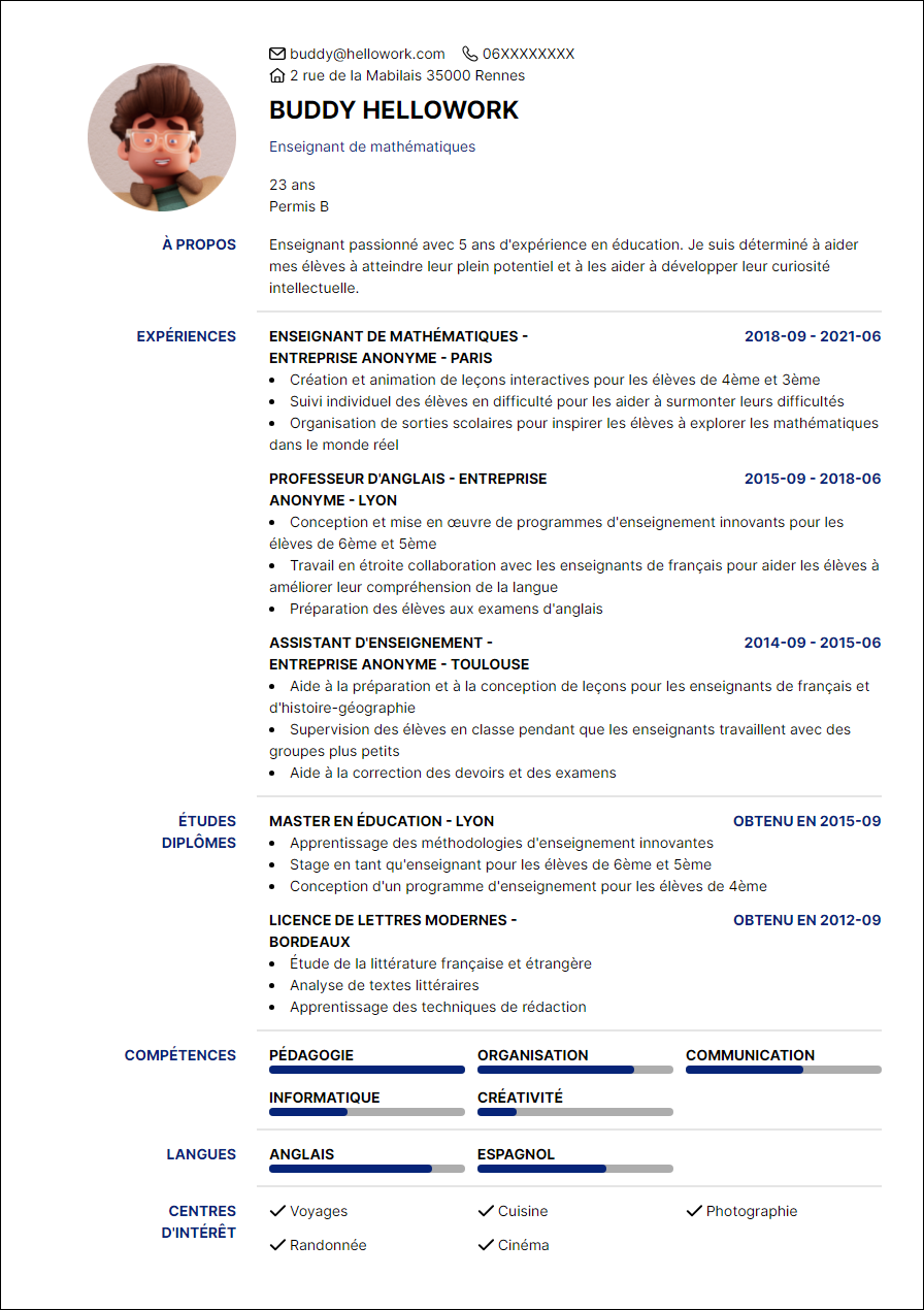 Modèle CV Enseignement Exemple CV Enseignement