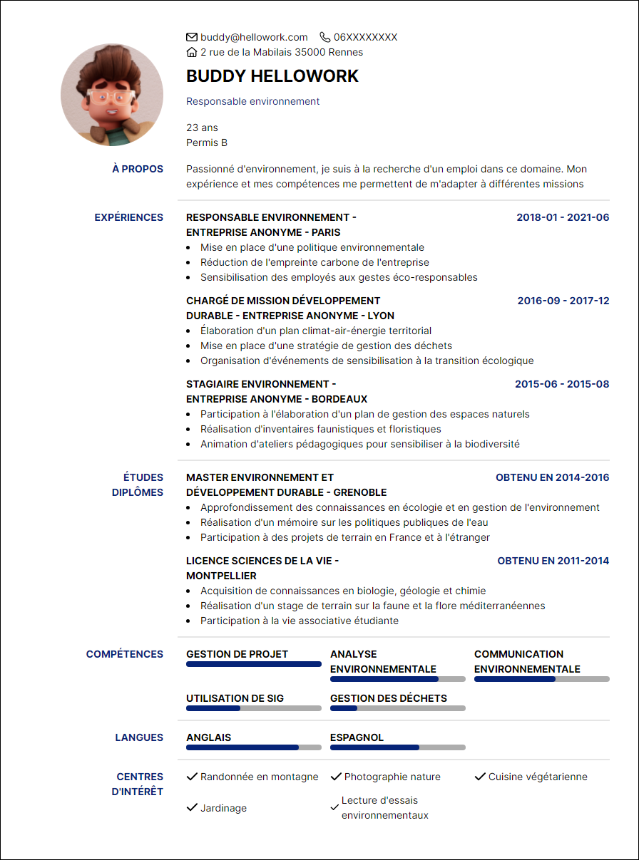 Modèle CV Environnement Exemple CV Environnement