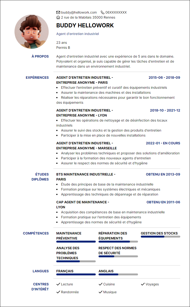 Modèle CV Agent d'entretien industriel Exemple CV Agent d'entretien industriel