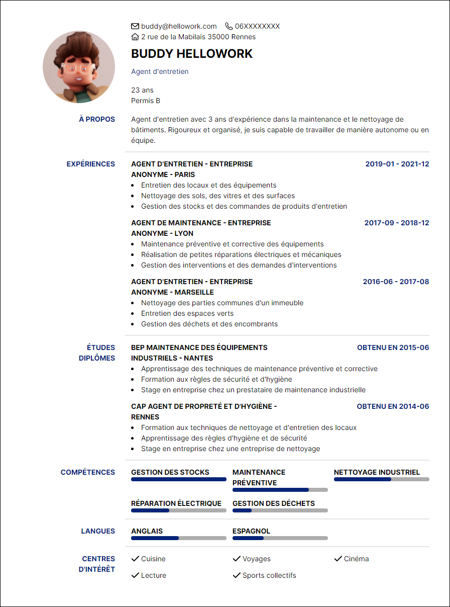 Modèle CV Agent d'entretien Exemple CV Agent d'entretien