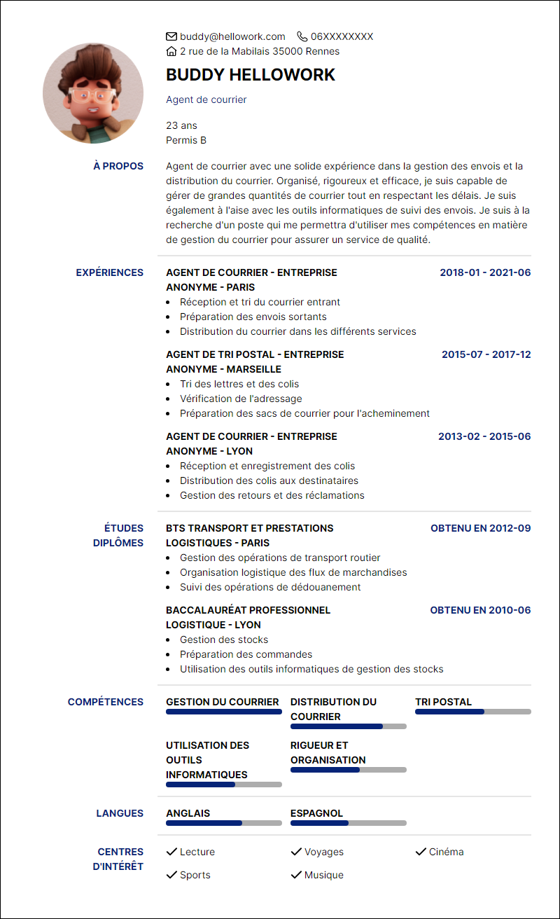 Modèle CV Agent de courrier Exemple CV Agent de courrier