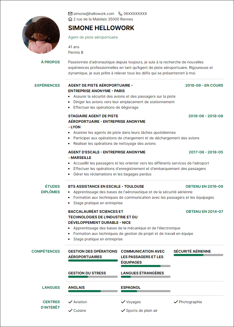 Modèle CV Agent de piste Exemple CV Agent de piste