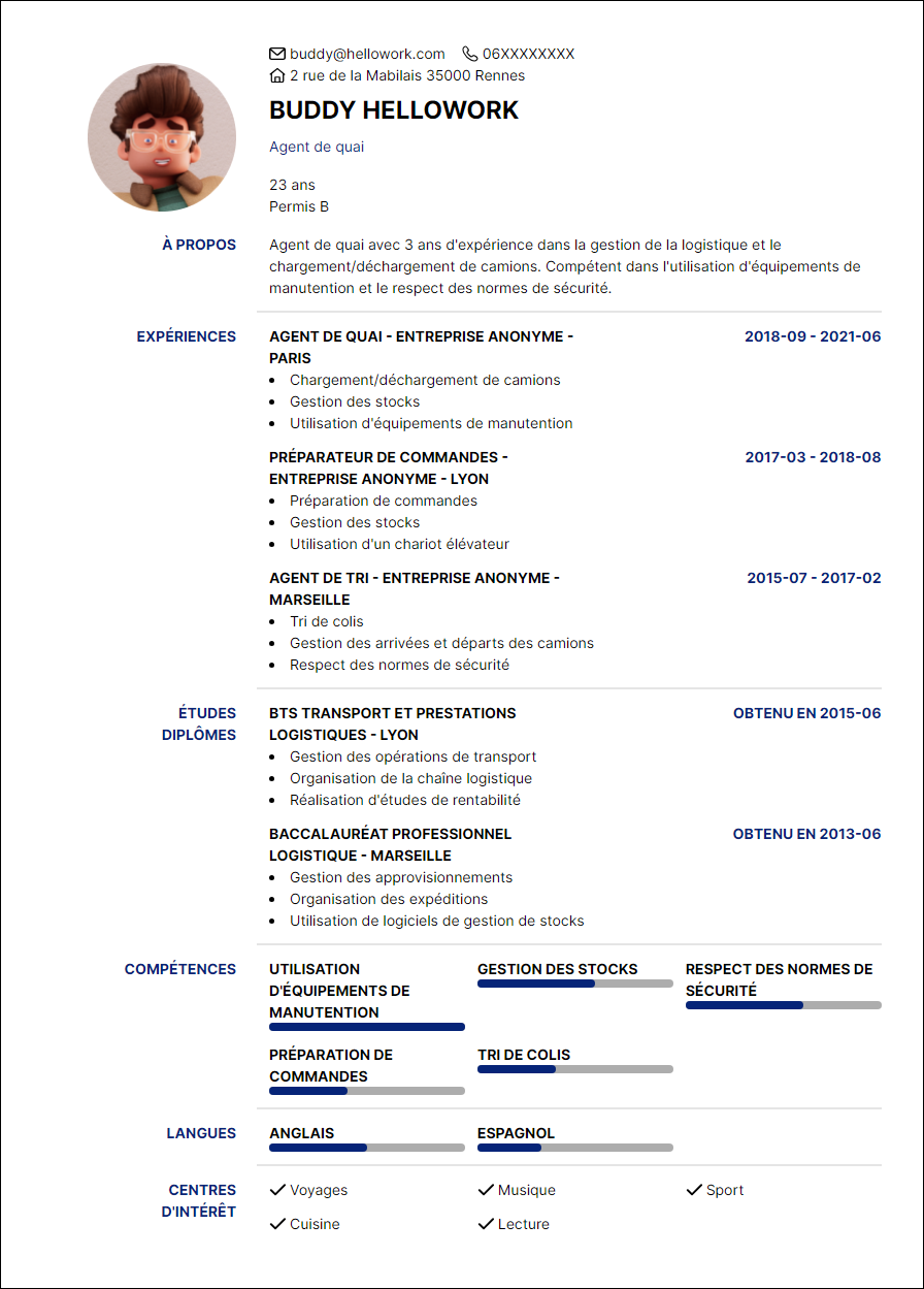 Modèle CV Agent de quai Exemple CV Agent de quai