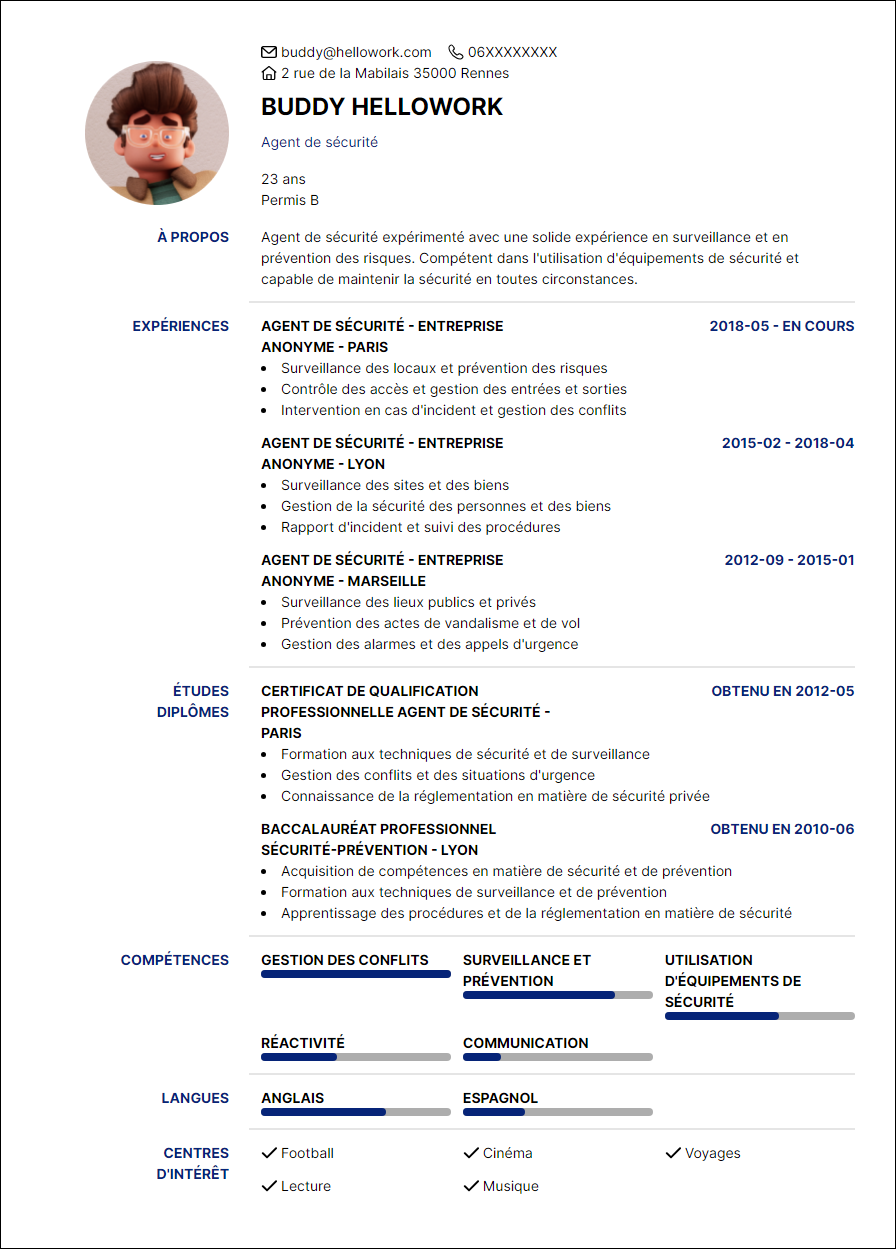 Modèle CV Agent de sécurité Exemple CV Agent de sécurité