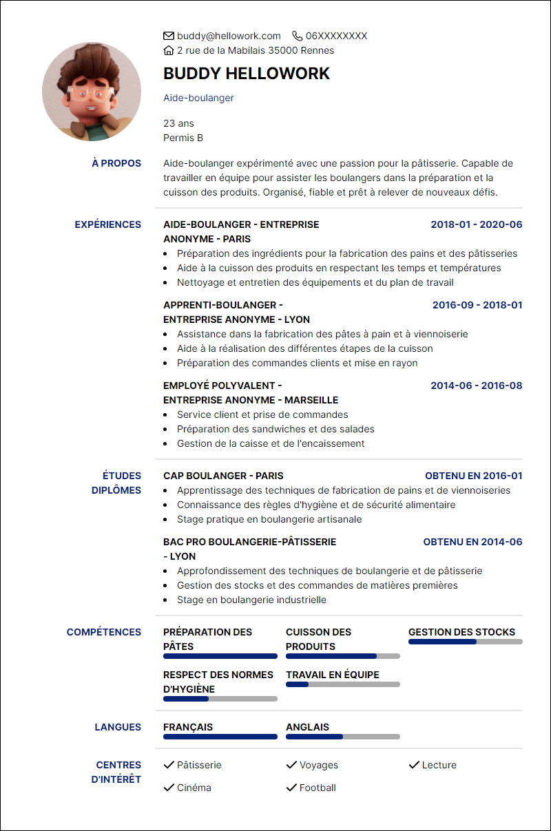 Modèle CV Aide-boulanger Exemple CV Aide-boulanger