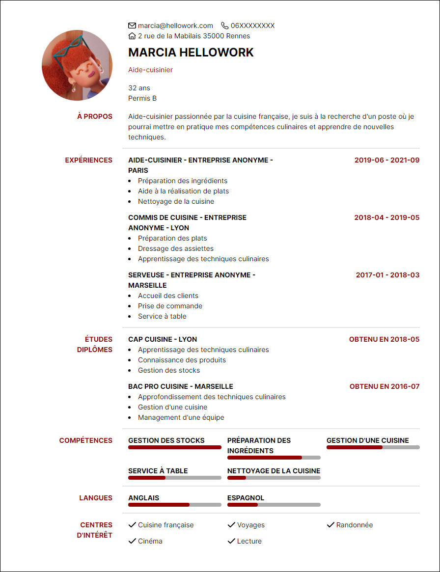 Modèle CV Aide cuisinier Exemple CV Aide cuisinier