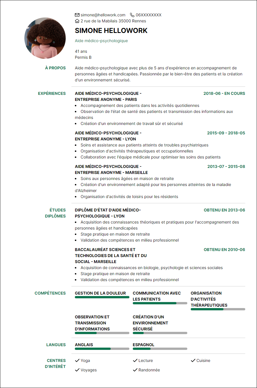 Modèle CV Aide médico-psychologique Exemple CV Aide médico-psychologique