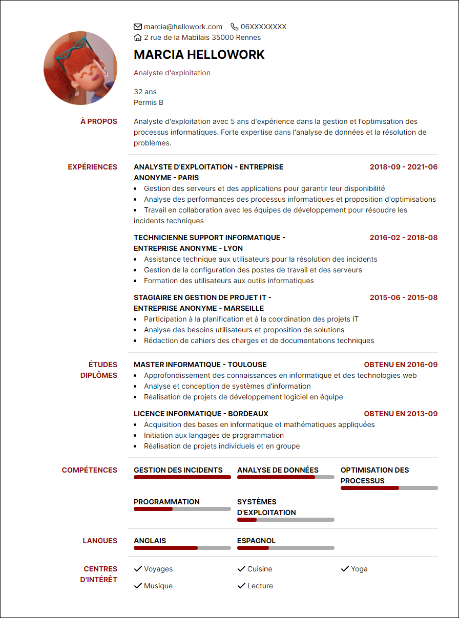 Modèle CV Analyste d'exploitation Exemple CV Analyste d'exploitation
