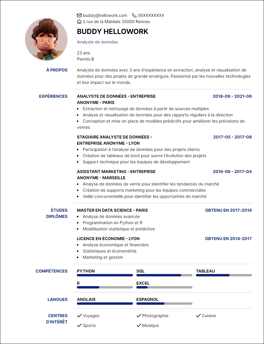 Modèle CV Analyste de données Exemple CV Analyste de données