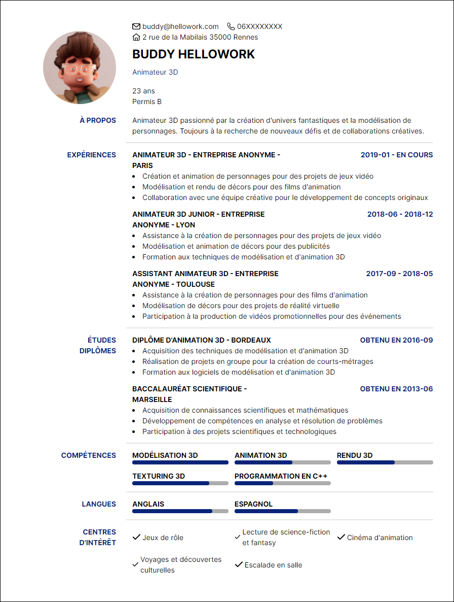 Modèle CV Animateur 3D Exemple CV Animateur 3D