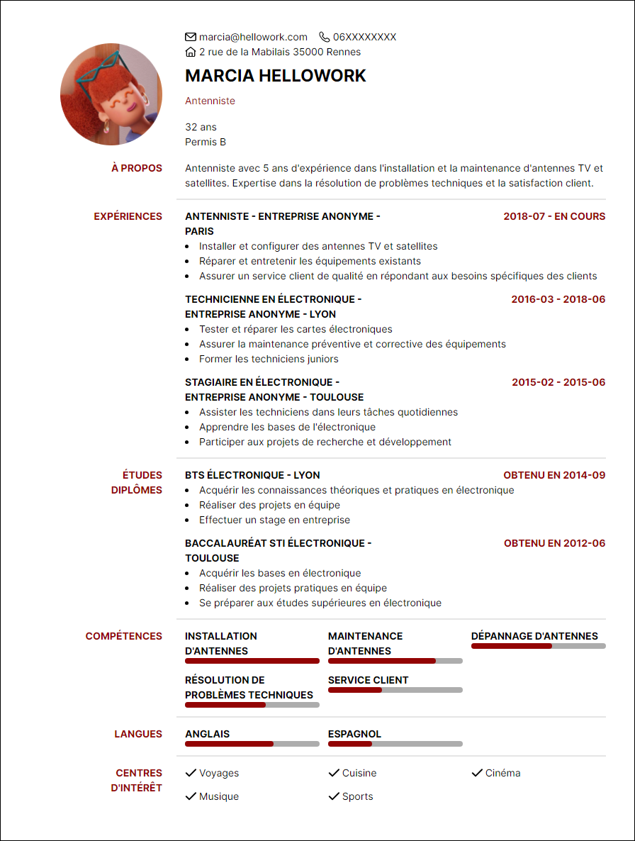 Modèle CV Antenniste Exemple CV Antenniste