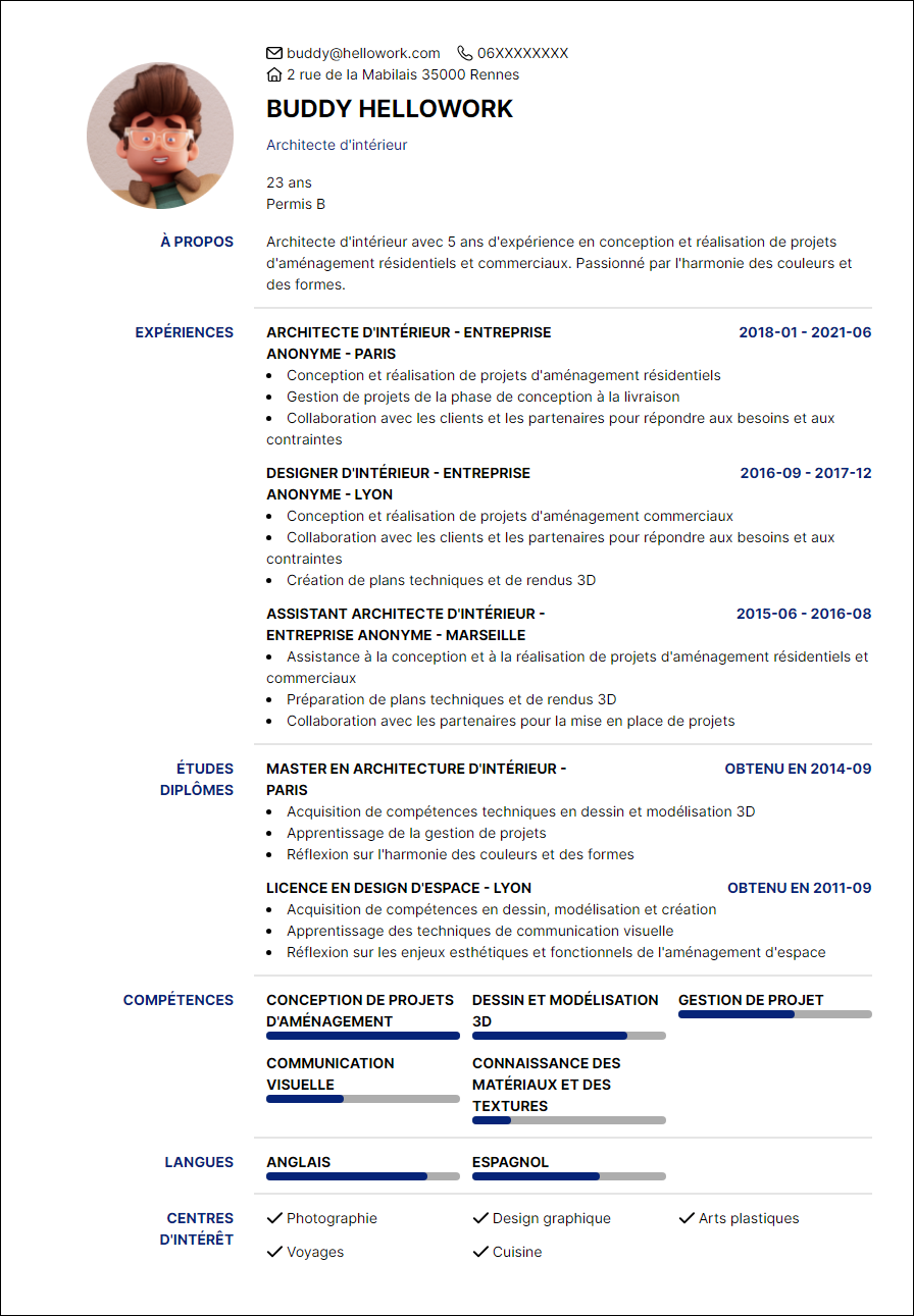 Modèle CV Architecte d'intérieur Exemple CV Architecte d'intérieur