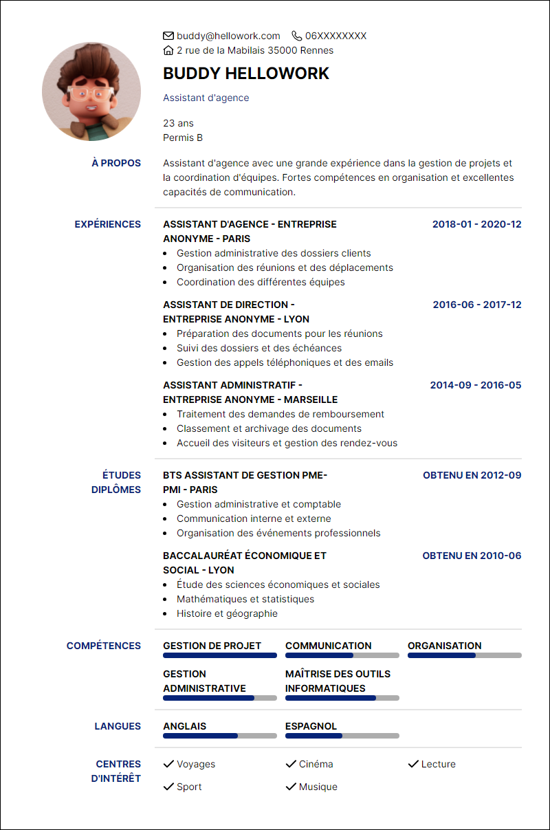 Modèle CV Assistant d'agence Exemple CV Assistant d'agence