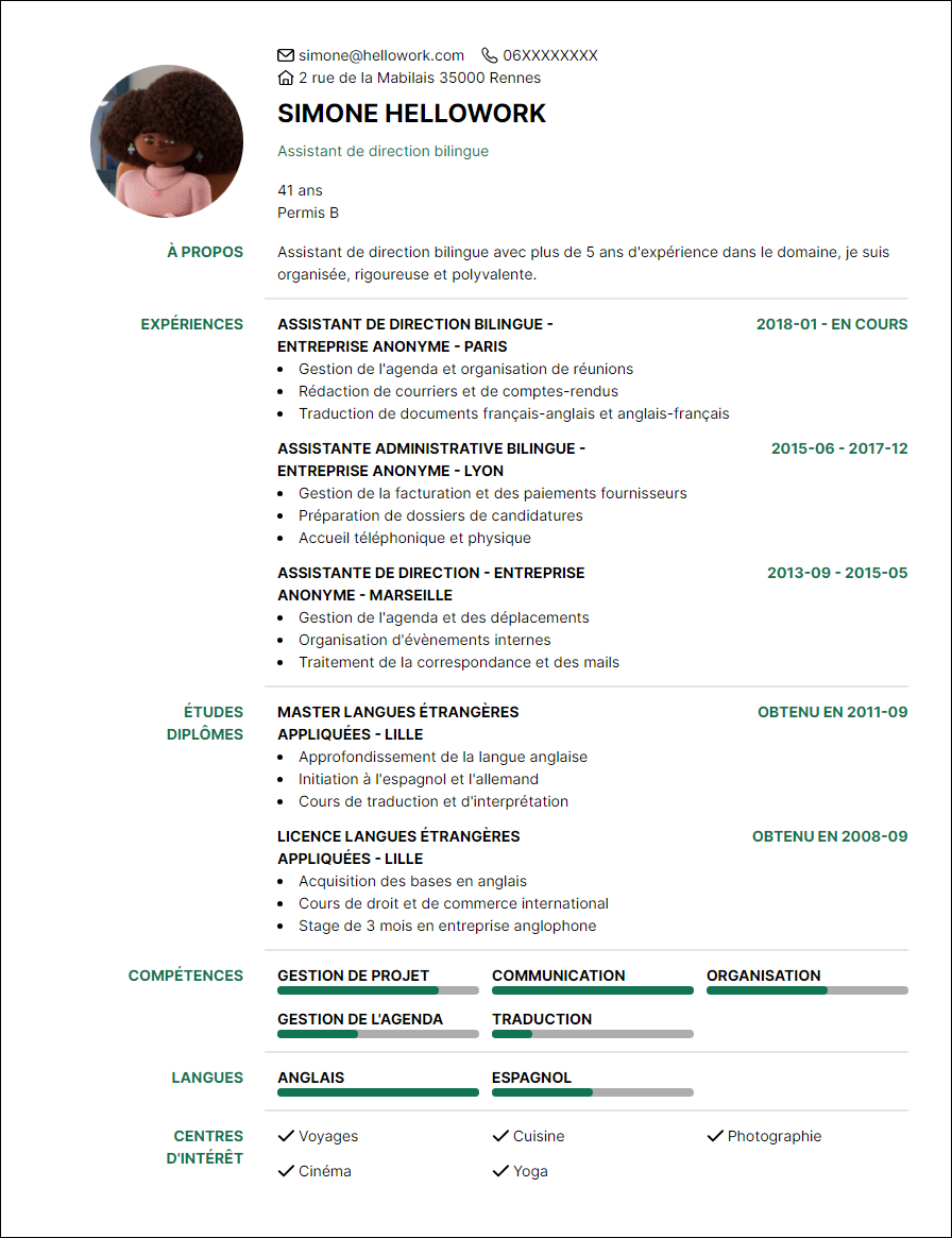 Modèle CV Assistant de direction bilingue Exemple CV Assistant de direction bilingue