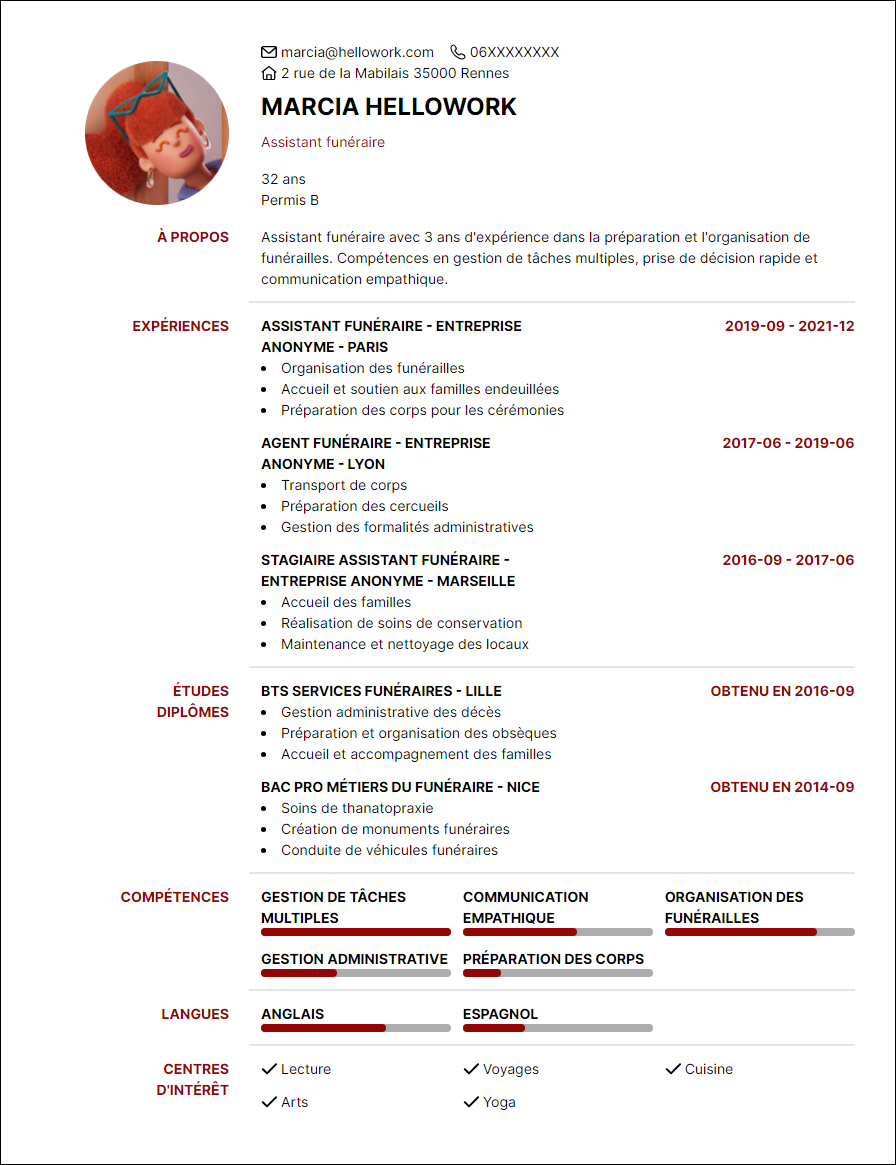 Modèle CV Assistant funéraire Exemple CV Assistant funéraire