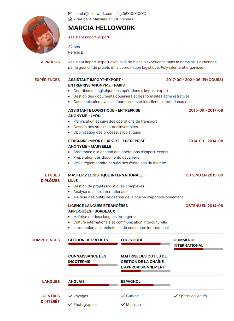 Modèle CV Assistant import-export Exemple CV Assistant import-export