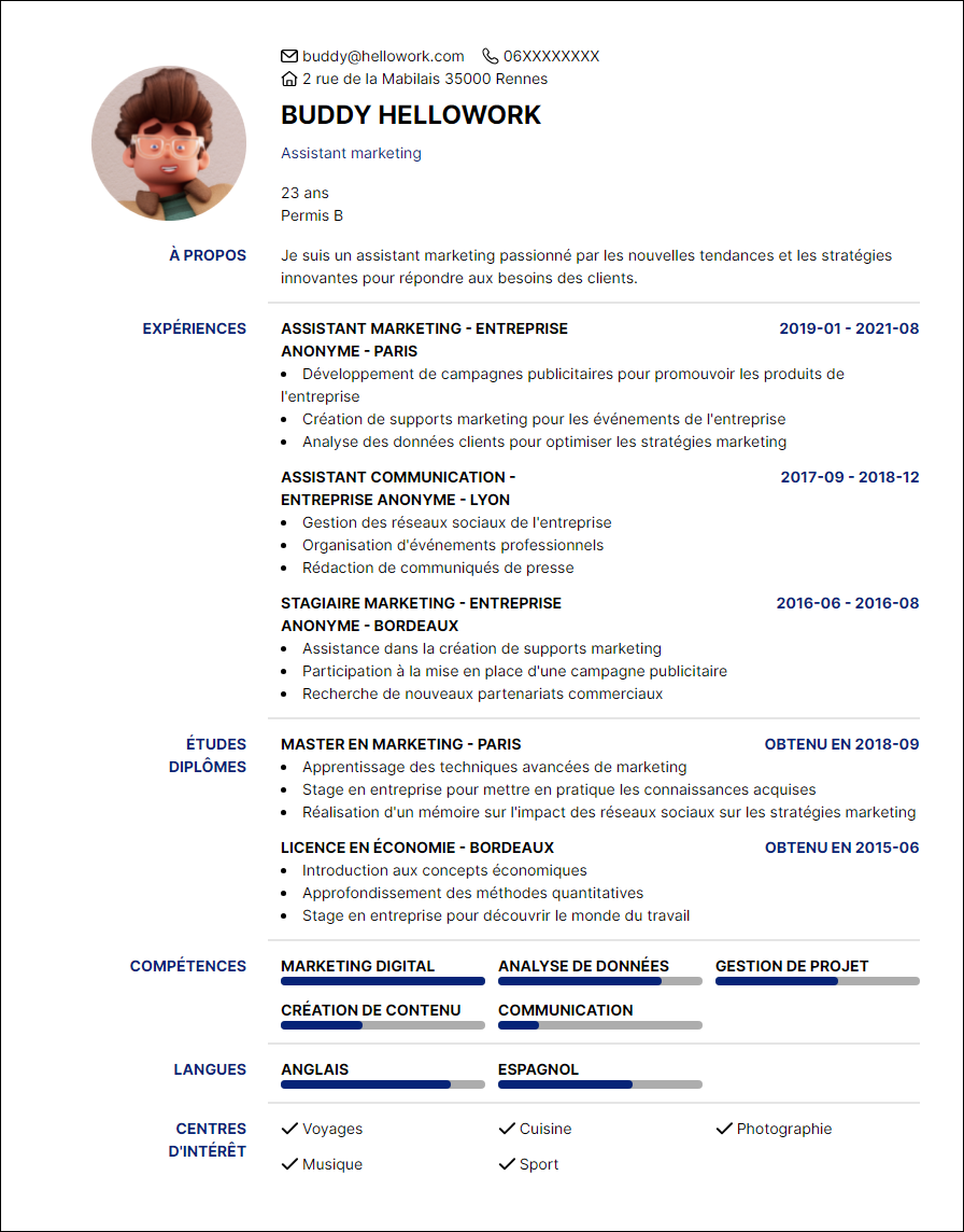 Modèle CV Assistant marketing Exemple CV Assistant marketing