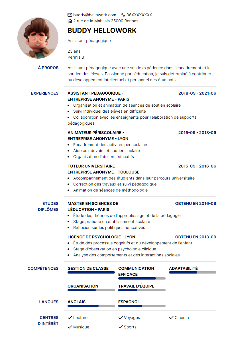 Modèle CV Assistant pédagogique Exemple CV Assistant pédagogique