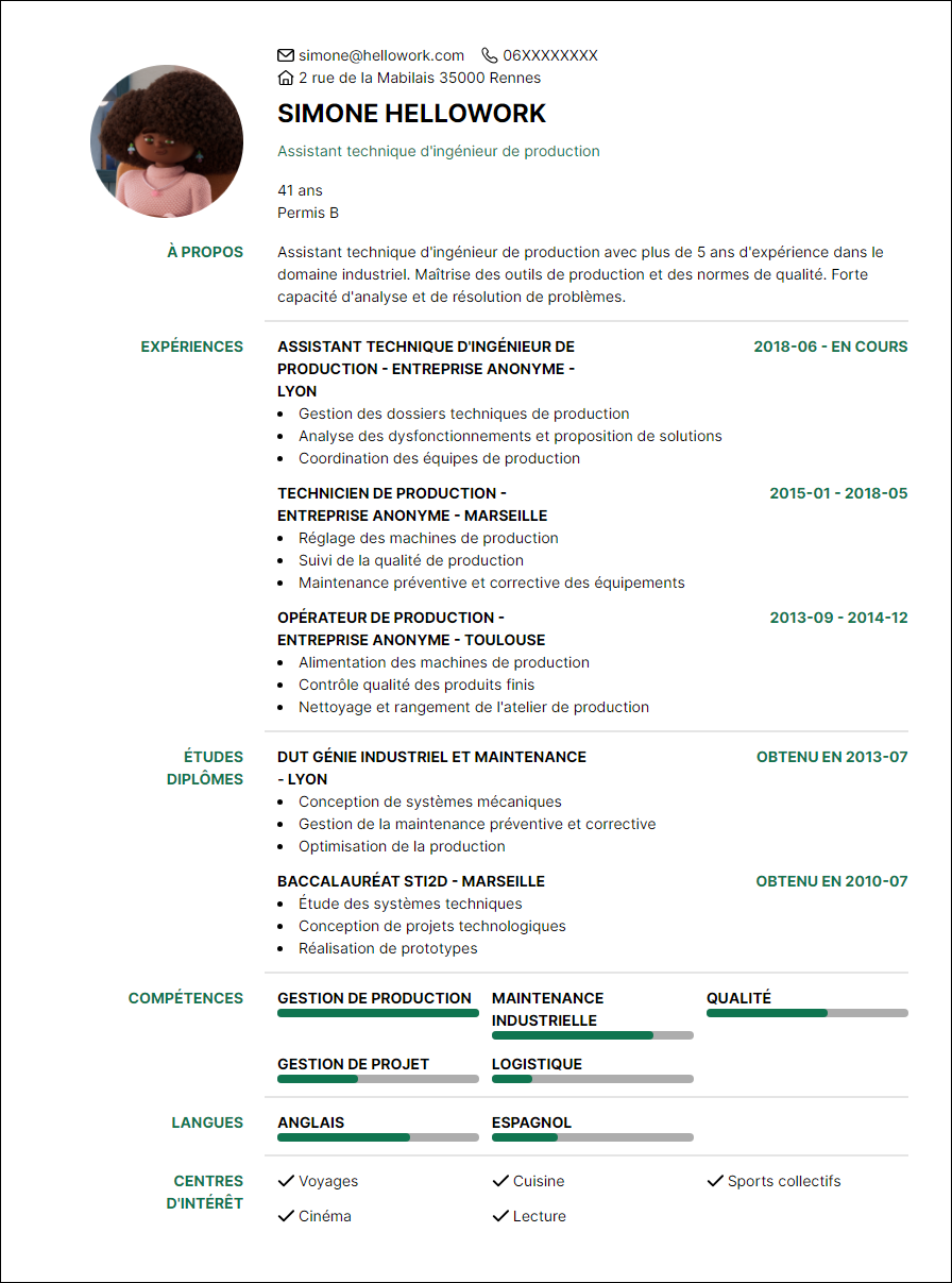 Modèle CV Assistant de production Exemple CV Assistant de production