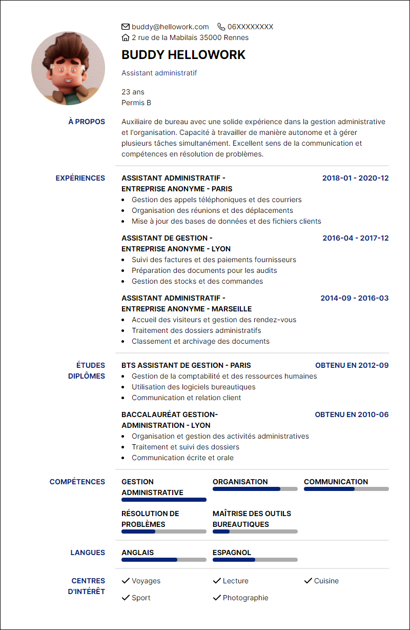 Modèle CV Auxiliaire de bureau Exemple CV Auxiliaire de bureau