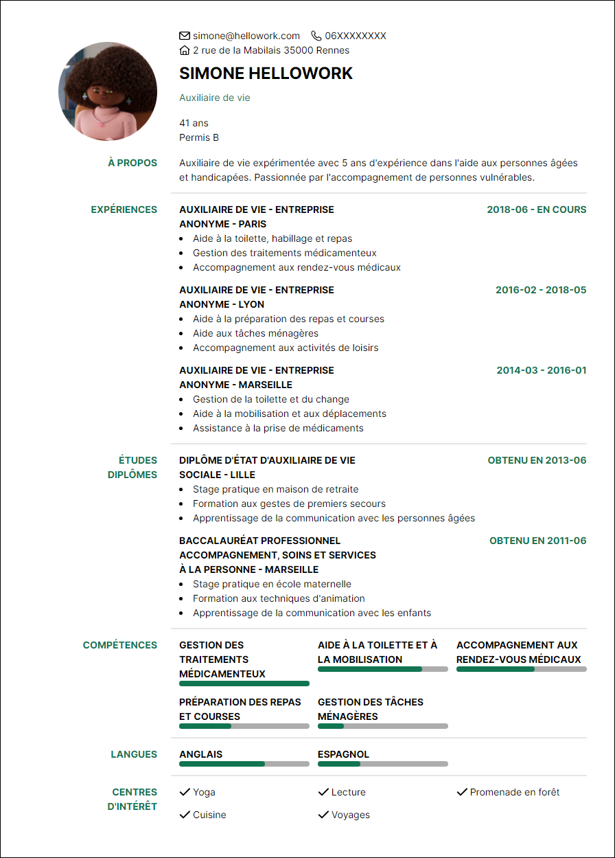 Modèle CV Auxiliaire de vie Exemple CV Auxiliaire de vie
