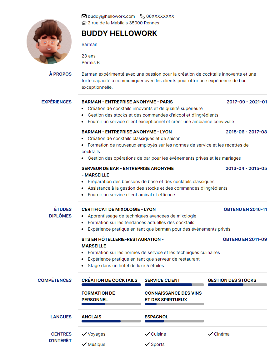 Modèle CV Barman Exemple CV Barman