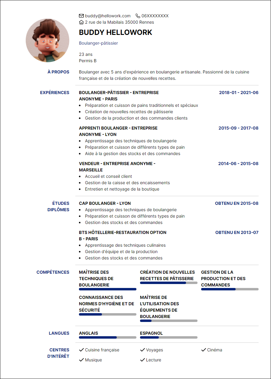 Modèle CV Boulanger Exemple CV Boulanger