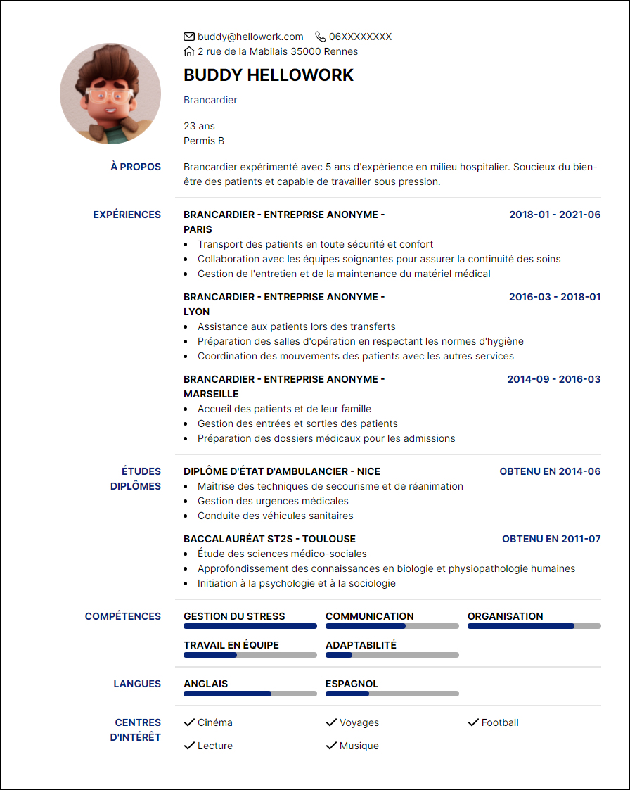 Modèle CV Brancardier Exemple CV Brancardier