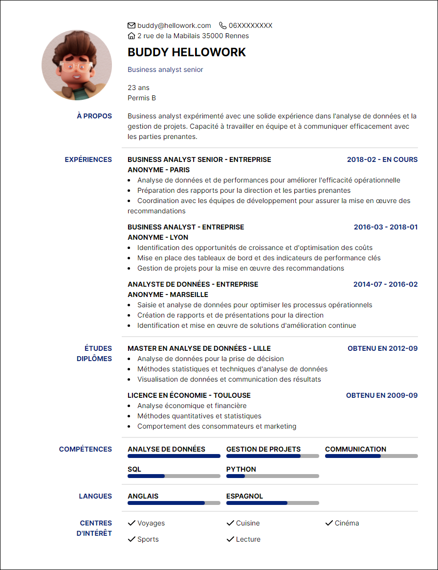 Modèle CV Business analyst Exemple CV Business analyst
