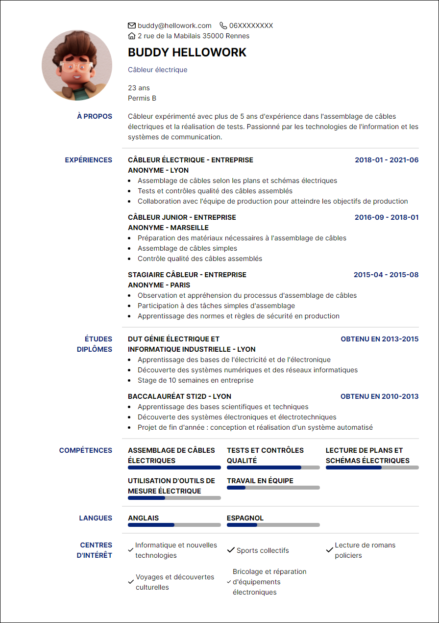 Modèle CV Câbleur Exemple CV Câbleur