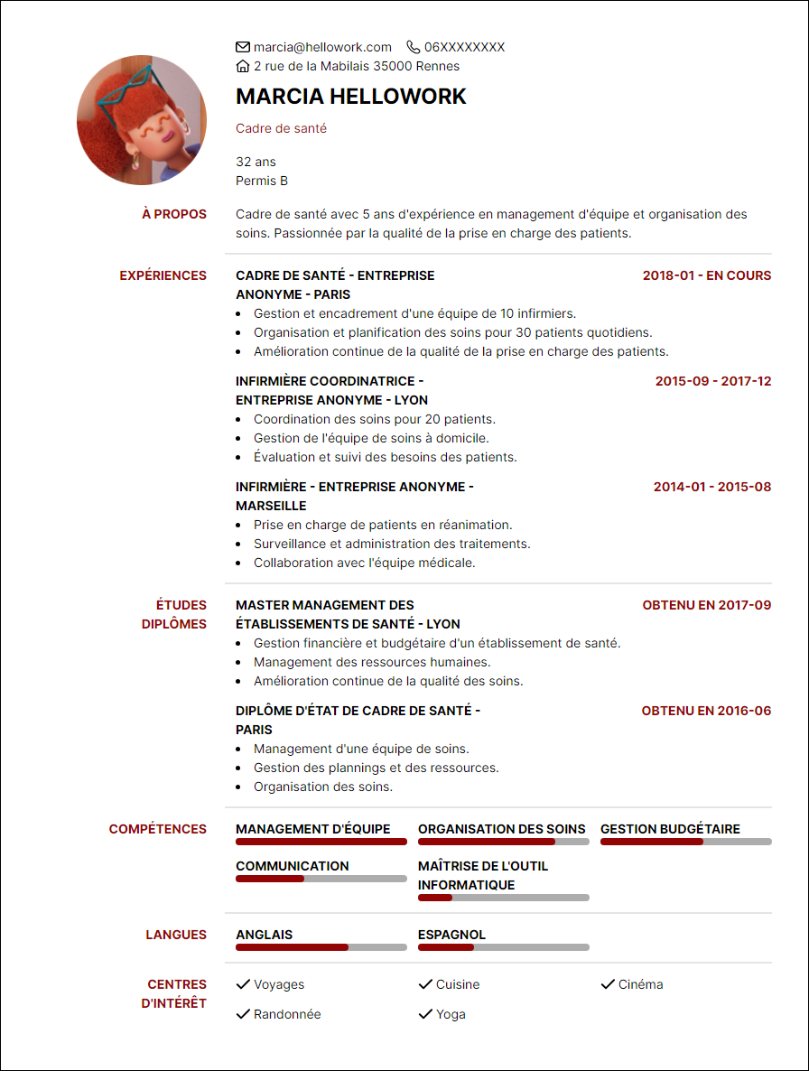 Modèle CV Cadre de santé Exemple CV Cadre de santé