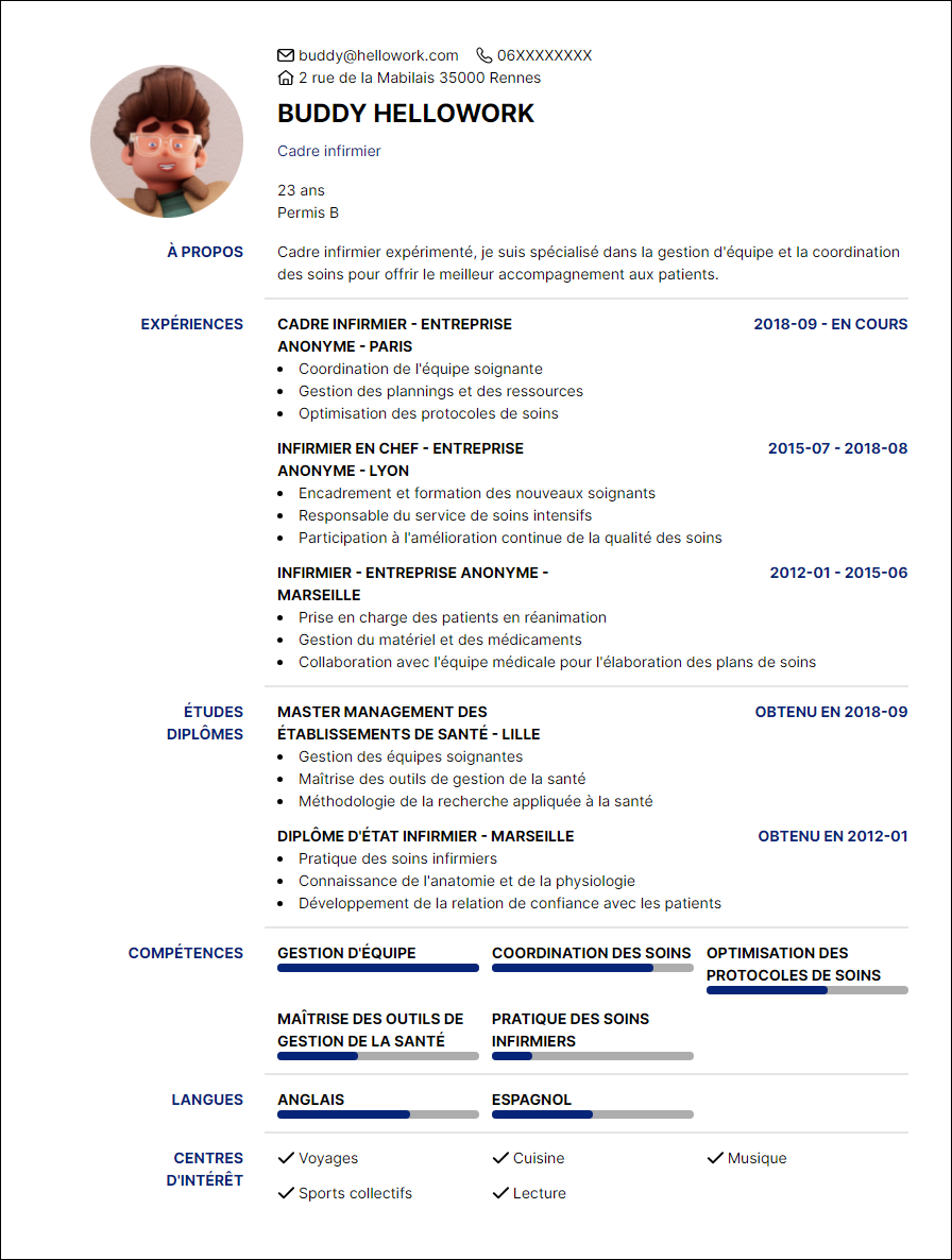 Modèle CV Cadre infirmier Exemple CV Cadre infirmier