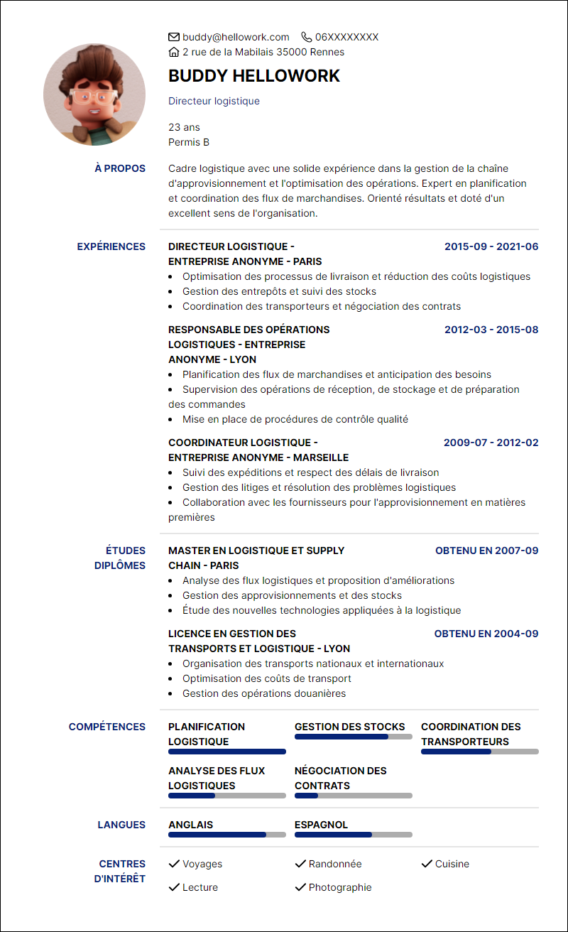 Modèle CV Cadre logistique Exemple CV Cadre logistique
